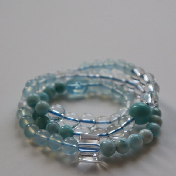 Handmade Larimar Aquamarine Turquoise Blue Moonstone Clear Quartz Bracelet - Picture 1 of 6